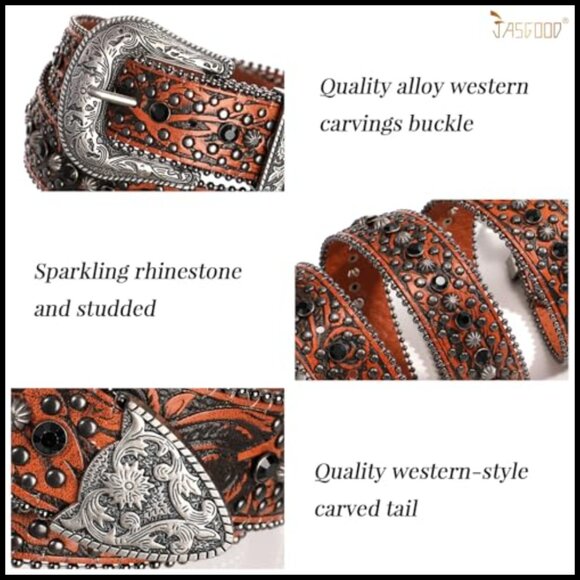 Rhinestone Studded Western Belt with Faux Leather Strap